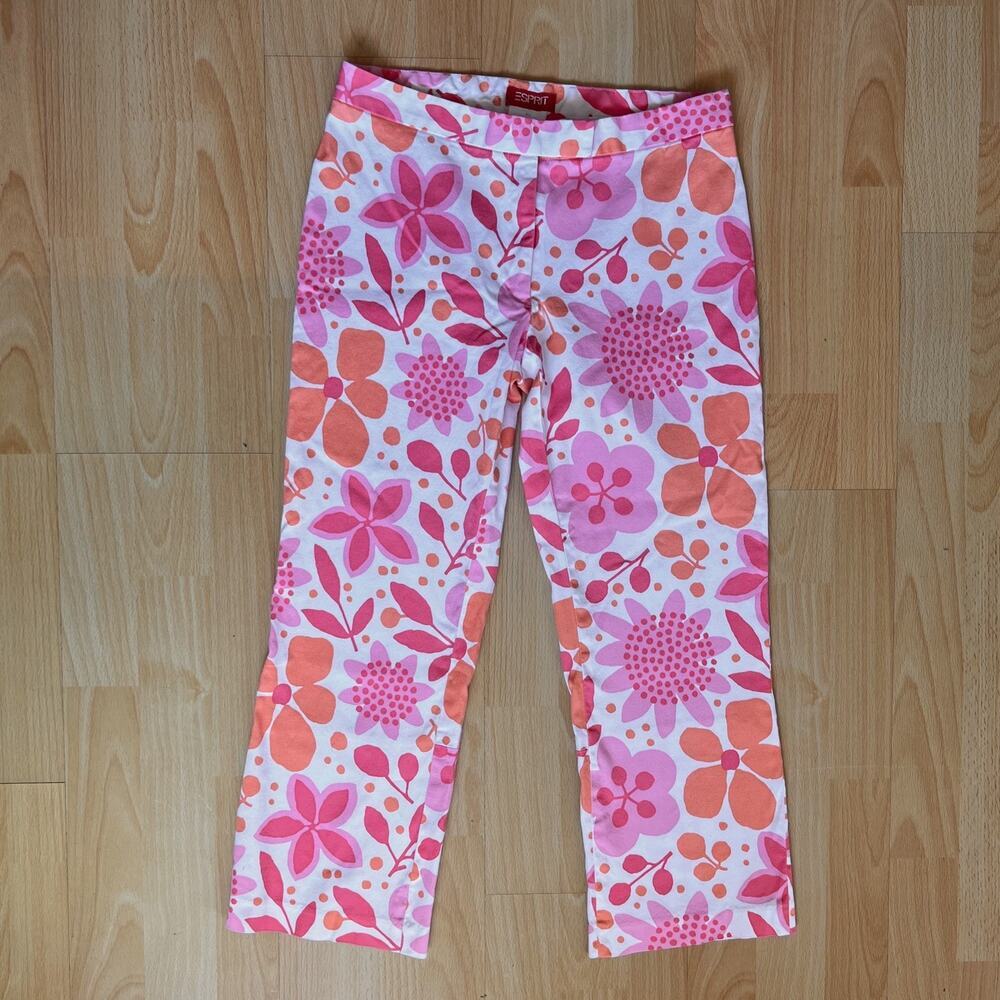 Vintage Esprit Floral Pants Capris Orange Pink Slit Button Clasp Size 5/6